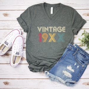 Custom Birthday Year Vintage Retro Colors V-Neck Shirt, B-Day Tee, Gift, Funny Birthday, Funny Bday, Gift For Birthday, More Colors