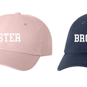 Brother & Sister College Font Youth Size Hat Cap, Unstructured Baseball Cap, Baby Announcement, Big Brother, Big Sister, Choose Hat Color!