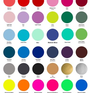 May include: A color chart featuring a variety of hues, including red, blue, green, and yellow, with names like "Hibiscus," "Sky Blue," and "Fluorescent Pink." The chart also includes application instructions.