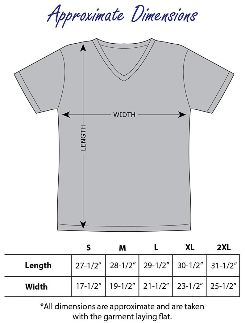 May include: A chart showing the approximate dimensions of a t-shirt in inches. The chart shows the length and width of the t-shirt in sizes S, M, L, XL, and 2XL.