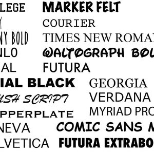 May include: A white background displays a collection of font names in black. The fonts vary in style, including bold, script, and sans-serif. Font names include COLLEGE, SKINNY, ARIAL BLACK, and COMIC SANS MS.