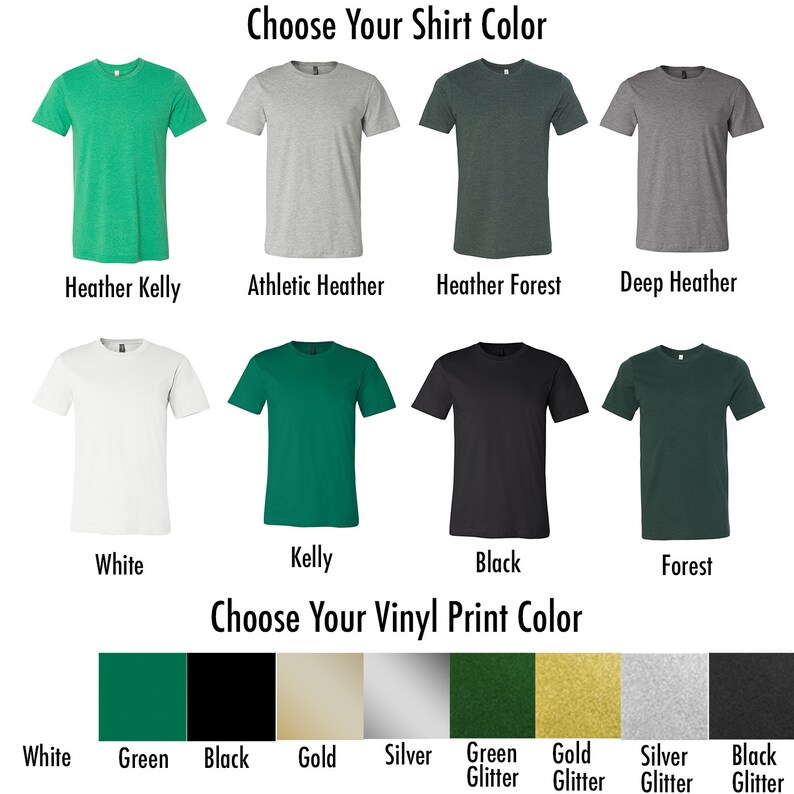 Pu&ograve; includere: Un grafico che mostra diversi colori di maglietta e colori di stampa in vinile per personalizzare le magliette. I colori delle magliette includono Heather Kelly, Athletic Heather, Heather Forest, Deep Heather, White, Kelly, Black e Forest. I colori di stampa in vinile includono White, Green, Black, Gold, Silver, Green Glitter, Gold Glitter, Silver Glitter e Black Glitter.