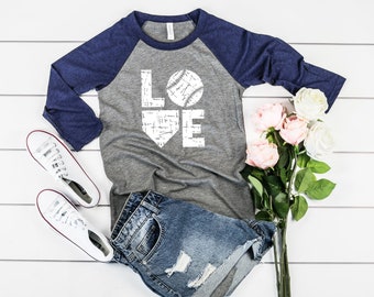 LOVE Baseball Distressed Three-Quarter Sleeve Baseball T-Shirt, Baseball Mom, Game Day Shirt, Gift. For Mom, Funny Baseball Mom Tee