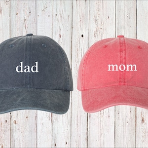 Mom & Dad Lowercase EMBROIDERED Unstructured Dad Hat Cap, Pigment Dyed Baseball Cap, Baby Announcement, Mom Dad To Be, Choose Hat Color!