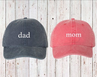 Mom & Dad Lowercase Unstructured Dad Hat Cap, Pigment Dyed Unstructured Baseball Cap, Baby Announcement, Mom Dad To Be, Choose Hat Color!