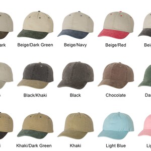 May include: A collection of baseball caps in various colors, including beige, black, khaki, and light blue. Each cap has a curved brim and a fabric crown. Some caps have contrasting colors on the brim. The text on the image indicates the color combinations.