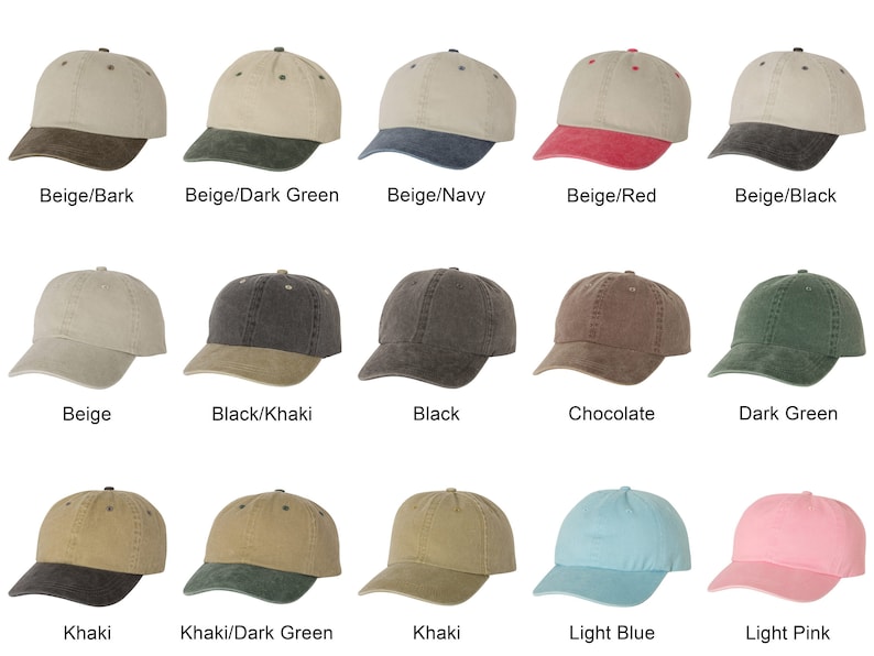 May include: A collection of baseball caps in various colors, including beige, black, khaki, and light blue. Each cap has a curved brim and a fabric crown. Some caps have contrasting colors on the brim. The text on the image indicates the color combinations.
