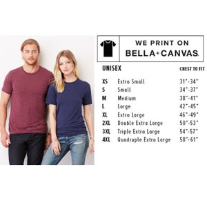 Puede incluir: Una tabla de tallas para camisetas unisex impresas en Bella + Canvas. La tabla muestra las tallas desde XS hasta 4XL con las medidas de pecho correspondientes en pulgadas.