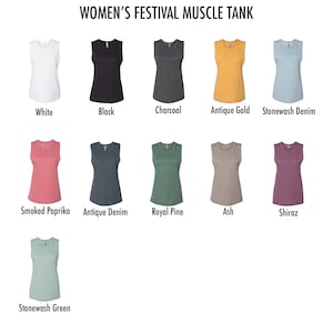 May include: A selection of women's muscle tank tops in various colors, including white, black, charcoal, antique gold, stonewash denim, smoked paprika, antique denim, royal pine, ash, shiraz, and stonewash green.