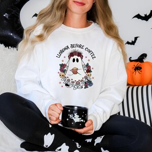 Llorona Before Coffee Halloween Crewneck Sweatshirt, Funny Sweaters, Halloween Sweaters, Spooky Sweaters, Spanish Halloween Sweater, Ghost