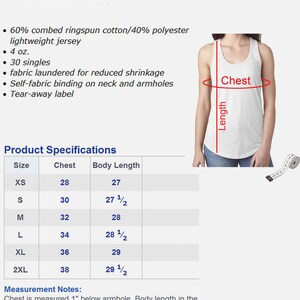 May include: Size chart for a racerback tank top made of 60% combed ringspun cotton and 40% polyester. The chart shows the chest and body length measurements in inches for sizes XS to 2XL.