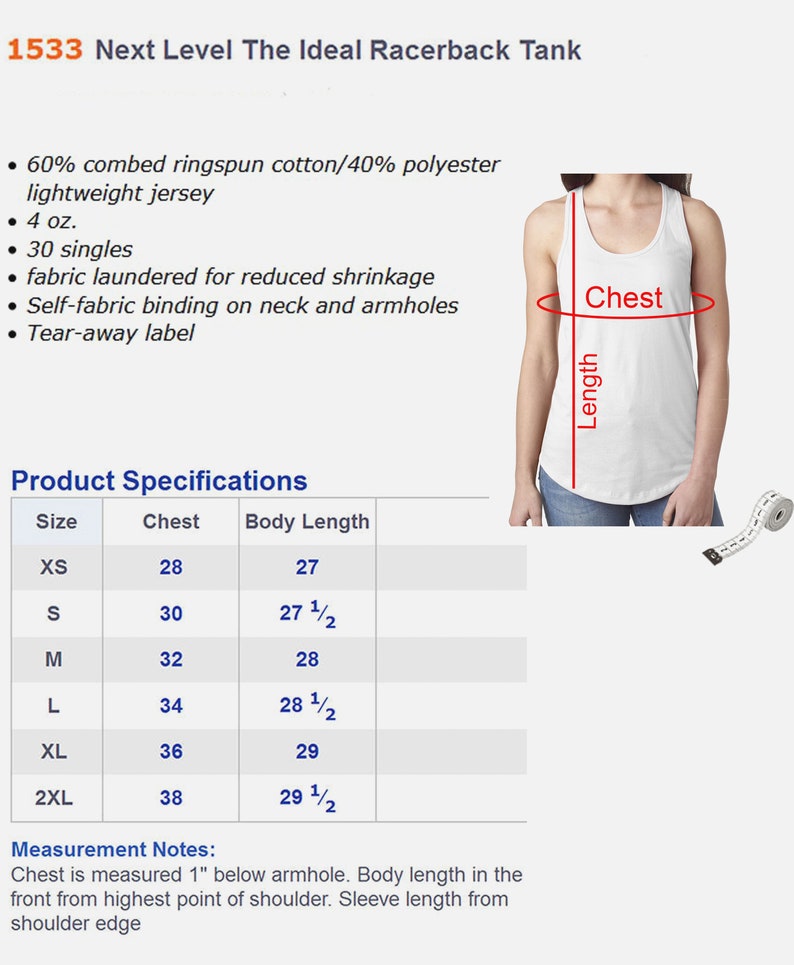 May include: Size chart for a racerback tank top made of 60% combed ringspun cotton and 40% polyester. The chart shows the chest and body length measurements in inches for sizes XS to 2XL.