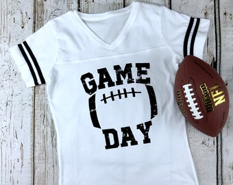 Game Day Distressed Women's Football V-Neck Fine Jersey Tee, Funny Football Shirt, Tailgate Shirt, Sunday Funday, Choose Your Shirt Color!