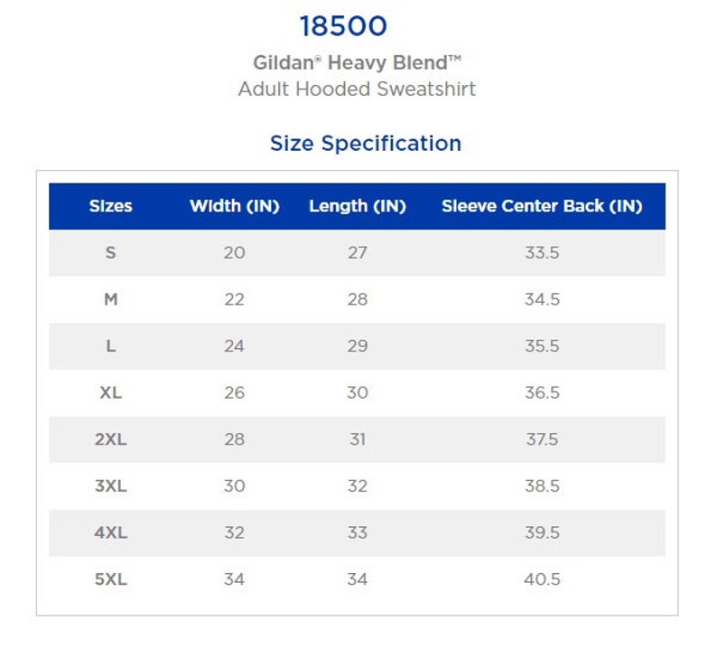 May include: Size chart for a Gildan Heavy Blend adult hooded sweatshirt. The chart shows the width, length, and sleeve center back measurements in inches for sizes S through 5XL.