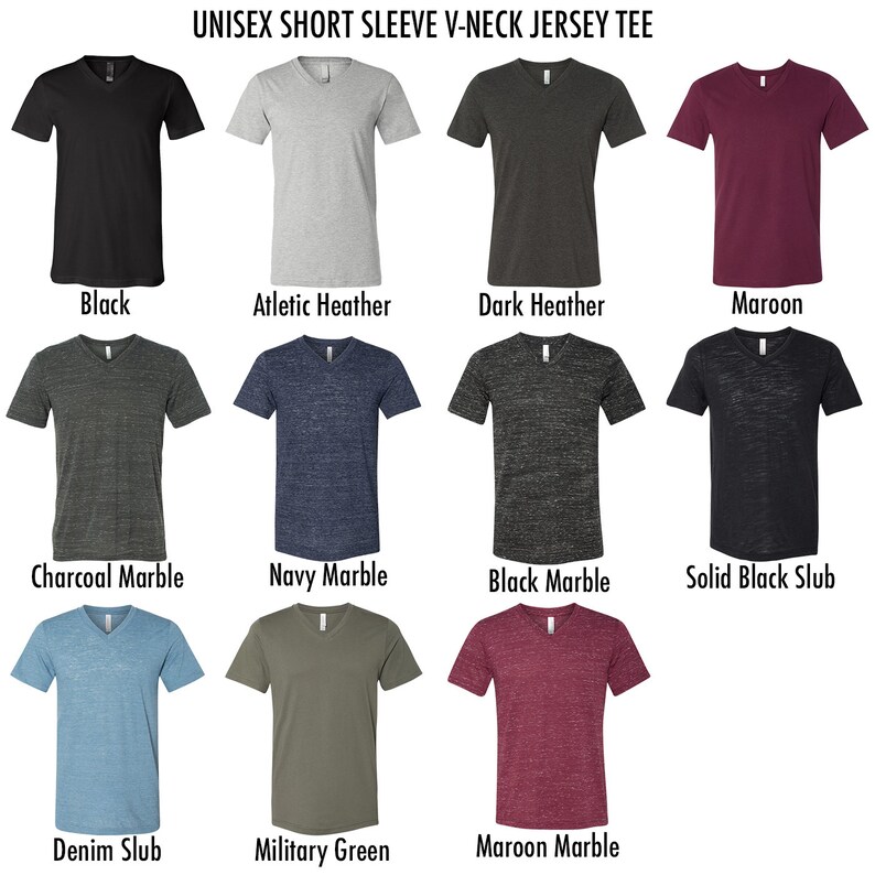 May include: A set of ten v-neck t-shirts in various colors and patterns, including black, heather grey, dark heather, maroon, charcoal marble, navy marble, black marble, solid black slub, denim slub, military green, and maroon marble.