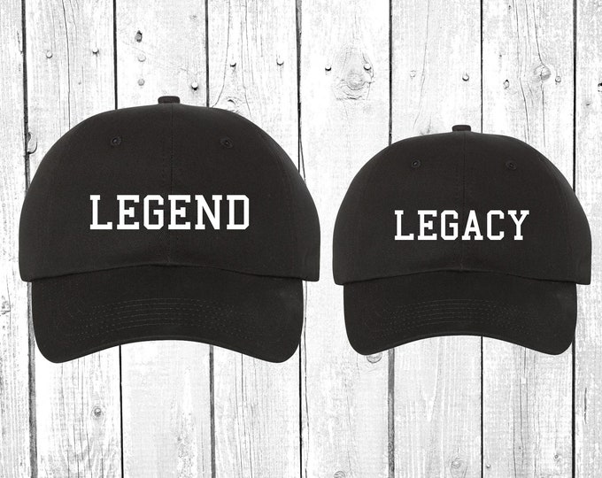 Legend + Legacy Matching Father and Son Baseball Dad Hats, Youth Hat, Kids Hat, Matching Dad and Son Dad Hats. Fathers Day Gift