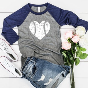 Baseball Heart Distressed Three-Quarter Sleeve Baseball T-Shirt, Baseball Mom, Game Day Shirt, Gift. For Mom, Sports Mom Shirts, Baseball