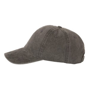 May include: A dark gray baseball cap with a curved brim. The cap is made of a soft, textured fabric and features a button on top. The hat is a classic style, suitable for casual wear.