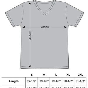 May include: A gray V-neck t-shirt with approximate dimensions displayed. The image includes a size chart with length and width measurements in inches for sizes S, M, L, XL, and 2XL. The text "Approximate Dimensions" is at the top.