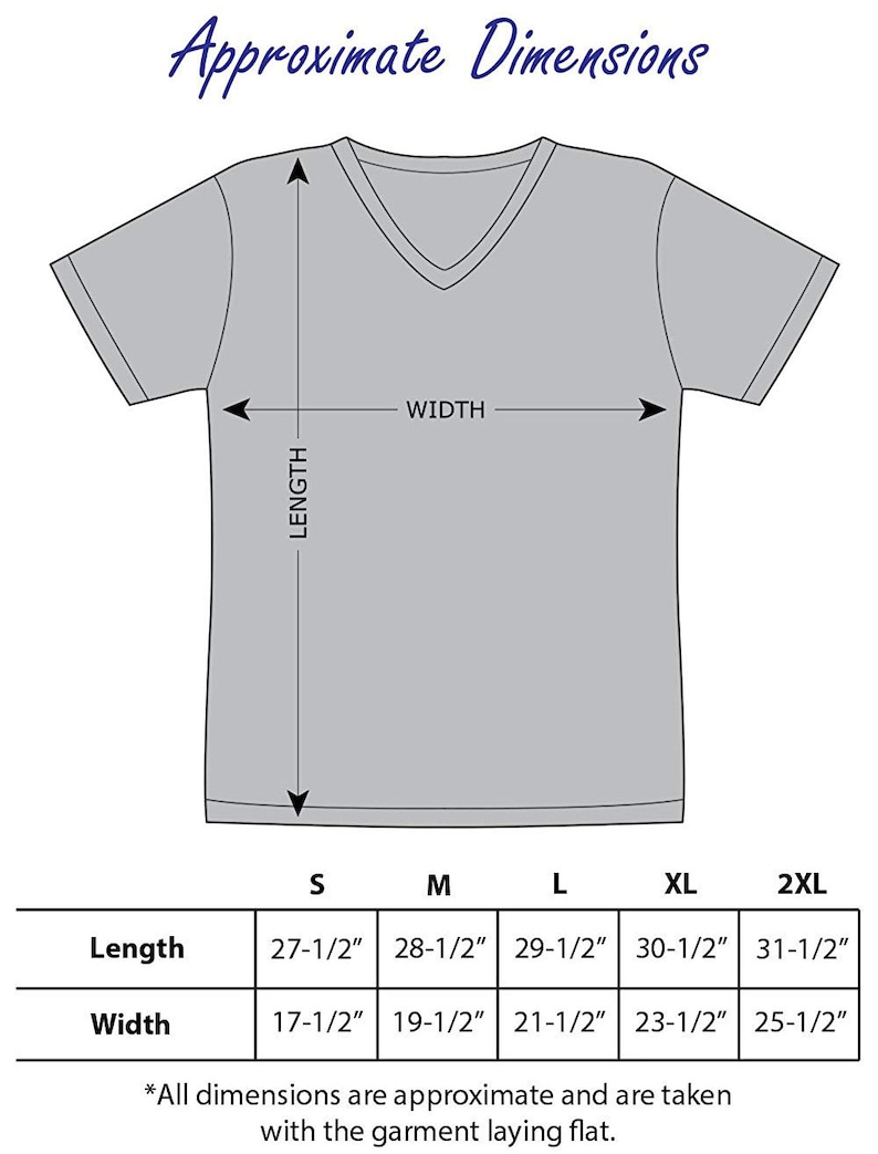 May include: A gray V-neck t-shirt with approximate dimensions displayed. The image includes a size chart with length and width measurements in inches for sizes S, M, L, XL, and 2XL. The text "Approximate Dimensions" is at the top.