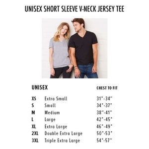 May include: Unisex short sleeve v-neck jersey tee shirt size chart. The chart shows sizes XS through 3XL with corresponding chest measurements in inches.