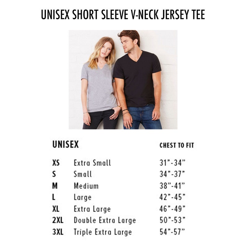 May include: Unisex short sleeve v-neck jersey tee shirt size chart. The chart shows sizes XS through 3XL with corresponding chest measurements in inches.