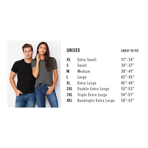 May include: Unisex sizing chart for t-shirts with chest measurements in inches. The chart shows sizes XS through 4XL with corresponding chest measurements from 31-34 inches to 58-61 inches.