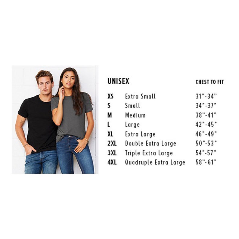 May include: Unisex sizing chart for t-shirts with chest measurements in inches. The chart shows sizes XS through 4XL with corresponding chest measurements from 31-34 inches to 58-61 inches.