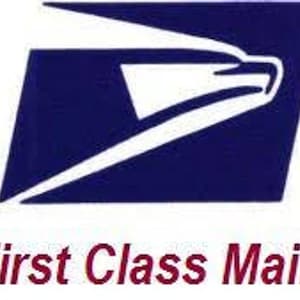 May include: A blue and white eagle logo with the text "First Class Mail" in red below it.