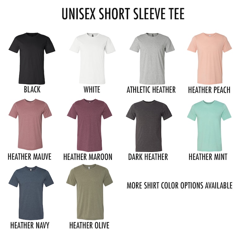 Puede incluir: Un gr&aacute;fico que muestra 10 opciones de color diferentes para una camiseta unisex de manga corta. Los colores incluyen negro, blanco, gris jaspeado atl&eacute;tico, melocot&oacute;n jaspeado, malva jaspeado, granate jaspeado, gris oscuro jaspeado, menta jaspeado, azul marino jaspeado y oliva jaspeado.