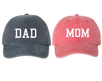 Mom & Dad EMBROIDERED Dad Hat Cap, Pigment Dyed Unstructured Baseball Cap, Baby Announcement, Mom And Dad To Be, Choose Your Hat Color!