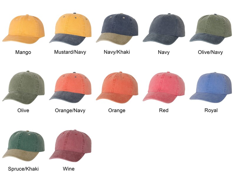 May include: A collection of baseball caps in various colors, including mango, mustard/navy, navy/khaki, navy, olive/navy, olive, orange/navy, orange, red, royal, spruce/khaki, and wine. Each cap has a curved brim and adjustable strap.