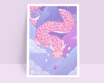 May include: A pink dragon with white horns and a fluffy texture flies through a purple and blue sky with white clouds. A small pink figure stands on a mountain in the distance.