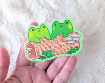 Frogs in Love - Frogs Holding Hands on a Log - Kawaii Waterproof Vinyl Stickers