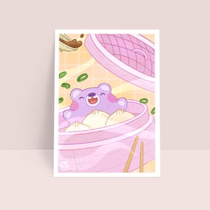 Lucky Ruka - Cute Bear in a Steamer with Steamed Buns - Dim Sum 6x8 Art Print