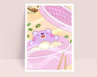 Lucky Ruka - Cute Bear in a Steamer with Steamed Buns - Dim Sum Art Print