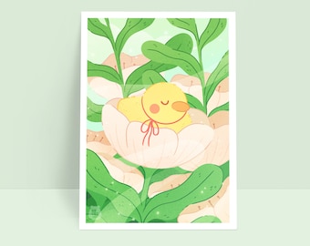 Sleepy Duckling Asleep in a Flower - Springtime Art Print