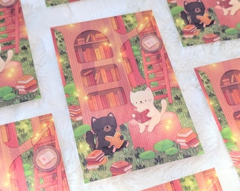 May include: Whimsical illustration featuring a tree-shaped library with a ladder, books, and reading cats. The artwork has a warm color palette with soft lighting and a cozy, inviting atmosphere. The image is a print.