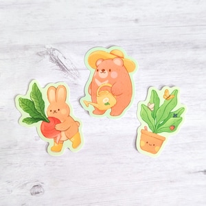 Garden Friends Cute Bear, Rabbit and Plant Characters Waterproof Vinyl Stickers Set of All Three
