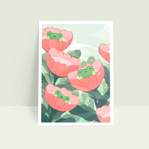 Blooming Frogs - Cute Frogs in Flowers - Springtime Art Print