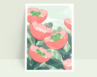 Blooming Frogs - Cute Frogs in Flowers - Springtime Art Print