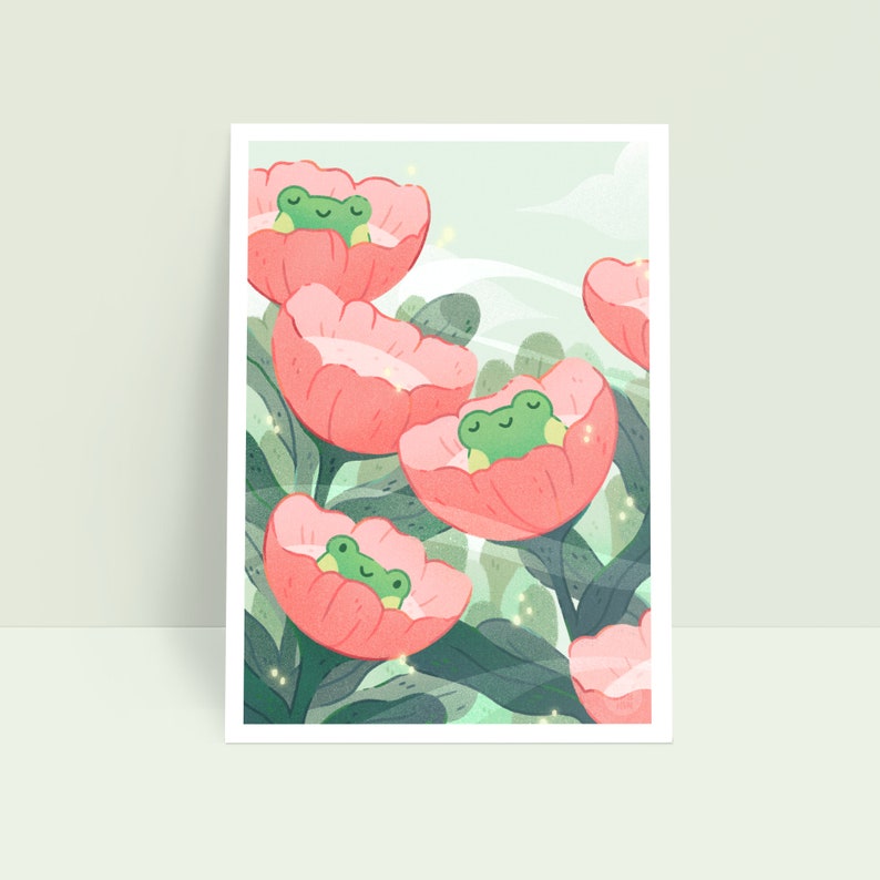 Blooming Frogs Cute Frogs in Flowers Springtime Art Print image 1