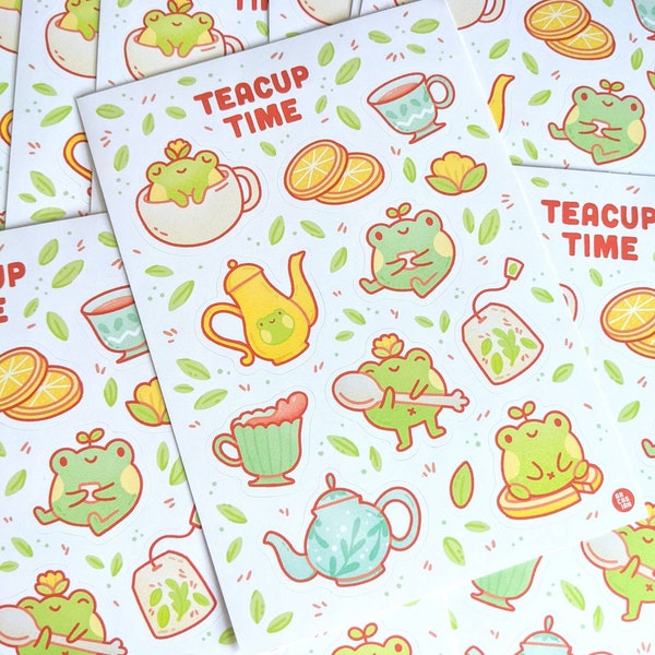 Teacup Time - Frogs, Lemon, and Tea - Weatherproof Matte Stickers