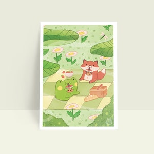 Perfect Picnic - Frog and Fox Drinking Bubble Tea 6x8 Art Print