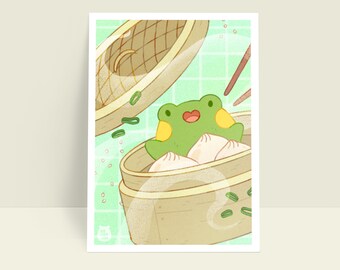 Lucky Henry - Cute Frog in a Steamer with Steamed Buns Art Print