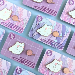 Curious Curio Ghost Cat - Kitten with Yarn Enamel Pin Set