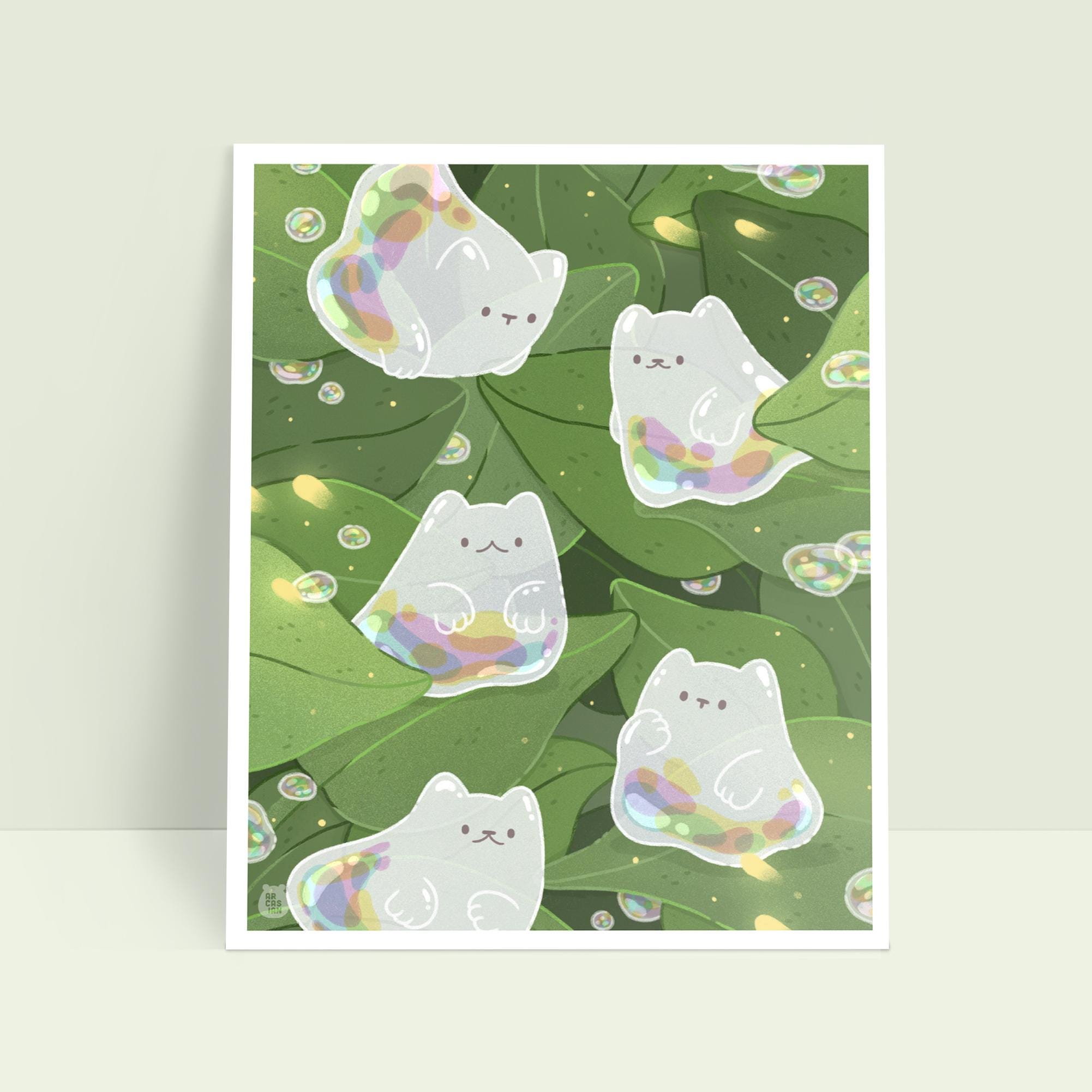 ✨うさねこ16✨　spirit forest　 手描きイラスト バブルゴーストキャッツ - 森の中のかわいい猫の精霊 - かわいい 8x10