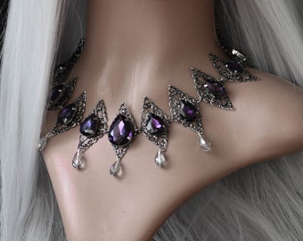 Old Silver Victorian Necklace Purple Crystal Jewelry Filigree Choker Gothic Necklace