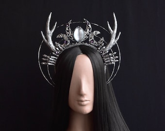 Big Horn Halo Headpiece, Gothic Moon Crown, Witch Cosplay Crown