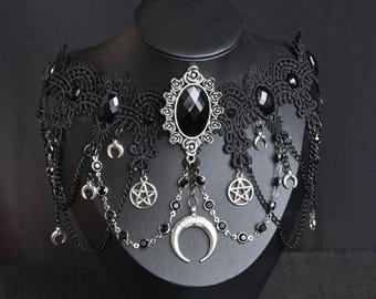 Black Lace Choker, Victorian Necklace, Gothic Choker with Black Gems, Moon Necklace, Glamour Choker, Wedding Choker